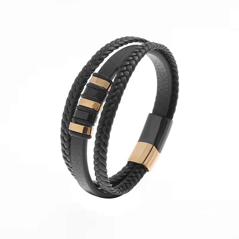 Classic Multilayer Leather Bracelet Men Hand Jewelry Gift Handsome Business Bracelet with Metal Magnetic Clasp